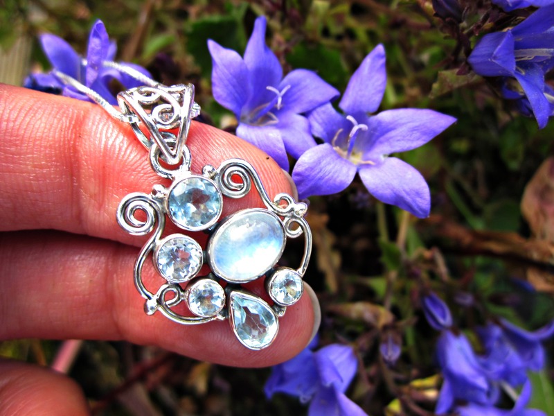 Rainbow Moonstone & Blue Topaz Blossom Necklace