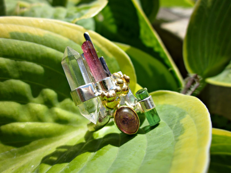 Crystal Temple Ring in Sterling Silver w Black Rhodium & Gold Plate and Tourmaline Gems
