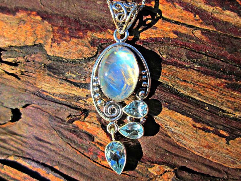 Rainbow Moonstone & Blue Topaz Goddess Necklace